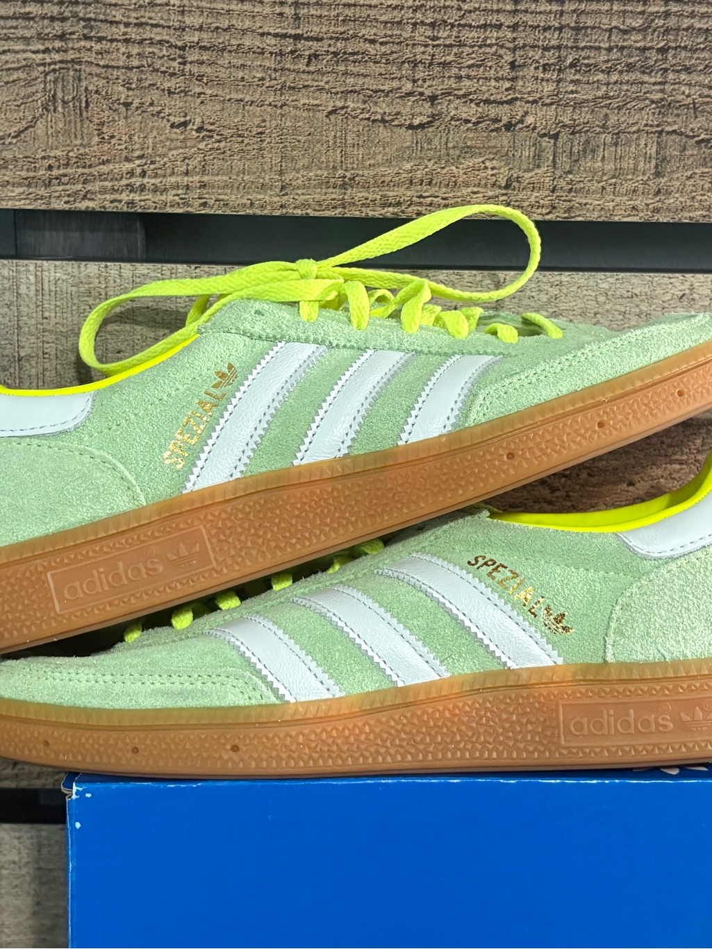 Adidas Spezial Suede Sneakers In Mint Green With Gum Sole And White Stripes.
